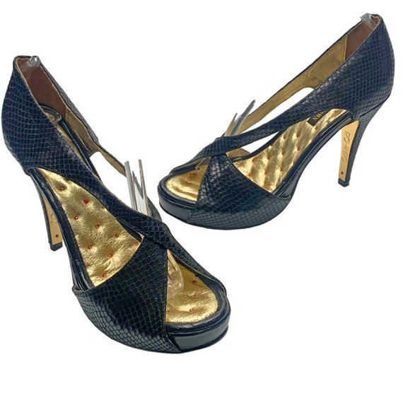 SHAWN and SHANE Black Reptile Embossed Leather Hidden Platform Stiletto‎ - Picture 4 of 9